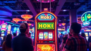 Hoki slot tersembunyi di mesin kasino yang ramai, dengan pemain yang bersemangat.