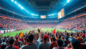 Exciting sports scene at a stadium reflecting 토토스토리 atmosphere with fans and energy.