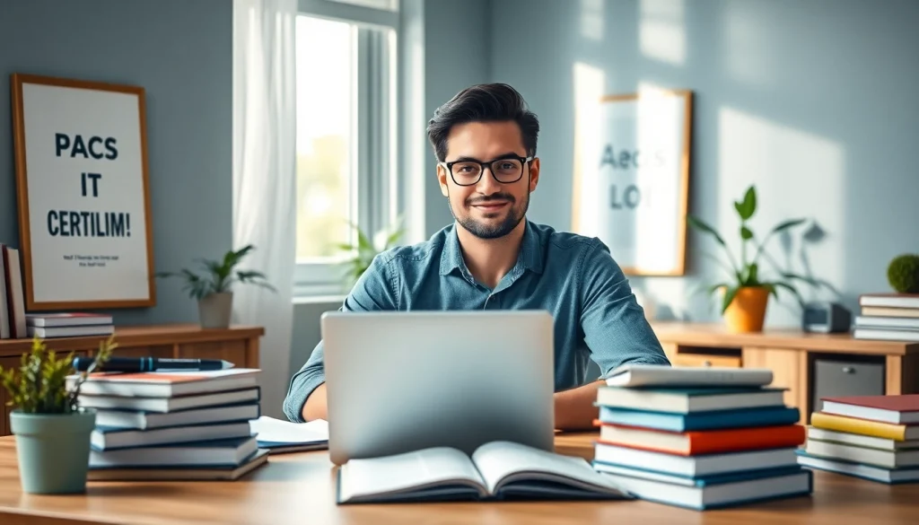 Focused individual studying with books and a laptop to pass IT certification exams in a cozy, motivational environment.