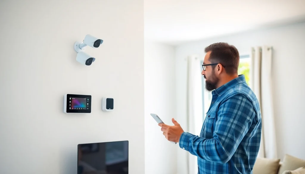 Técnico profesional instalando alarmas de seguridad en una casa moderna para una mayor seguridad.