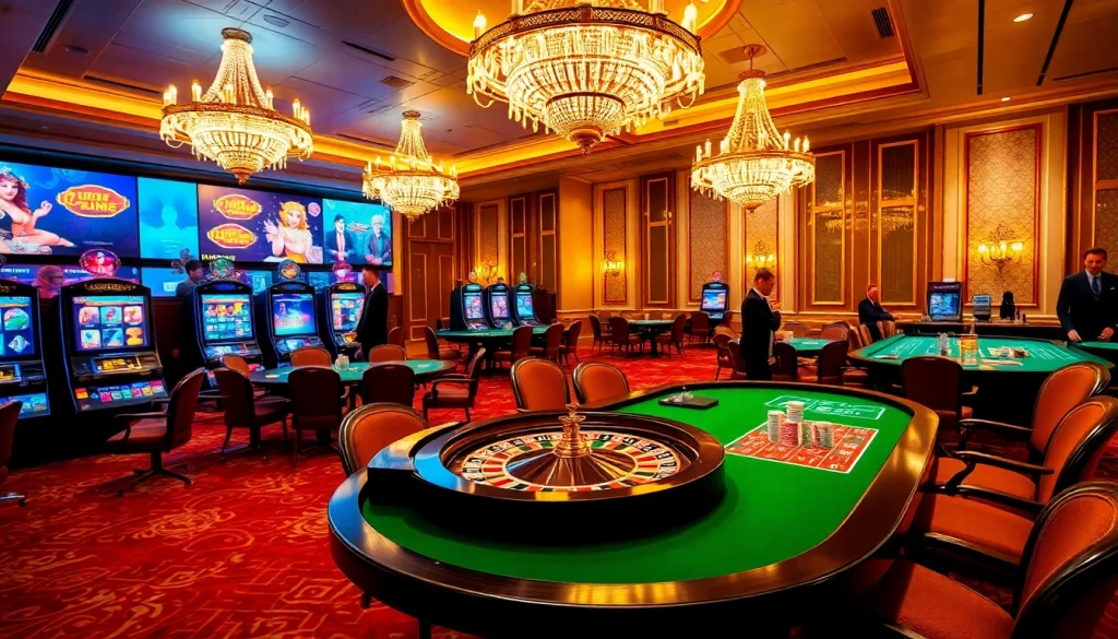 Scène passionnante de joueurs à enjeux élevés au meilleur casino en ligne, s'engageant dans des jeux de roulette et de poker.