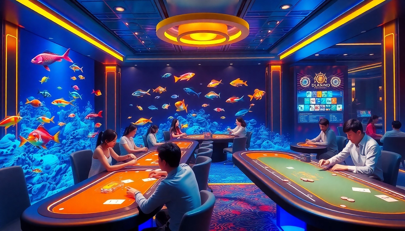 Engaged players enjoying bắn cá đổi thưởng, featuring vibrant ocean graphics and exciting game action.