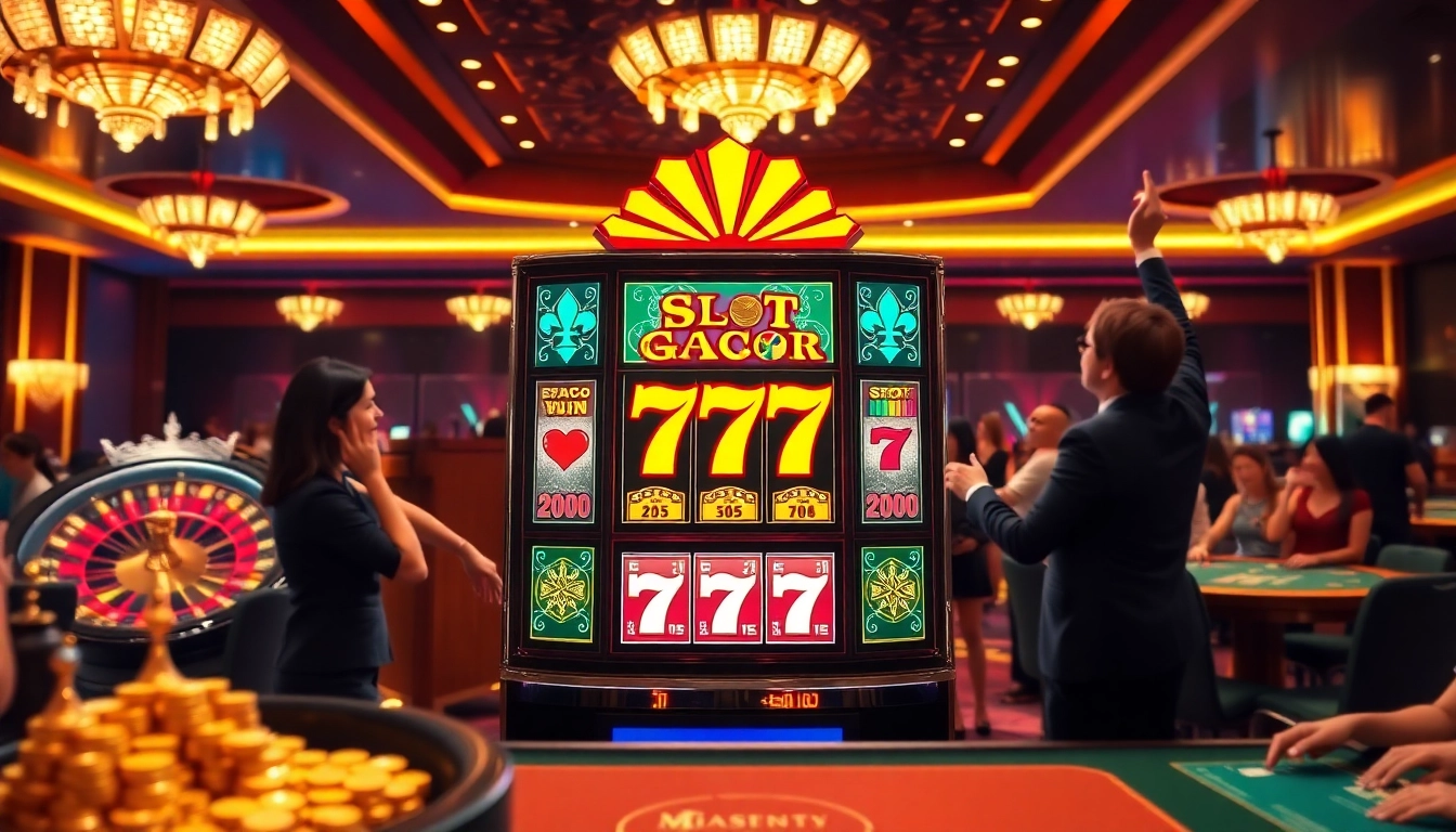 Players engage with the vibrant slot gacor 777 machine, celebrating wins in a luxurious casino environment.