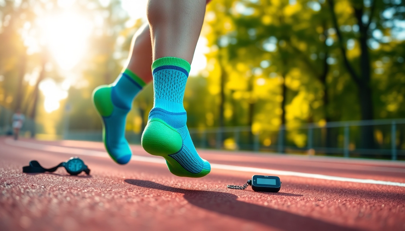 Showcasing running socks worn by an athlete during a track run, highlighting vibrant colors and performance features.