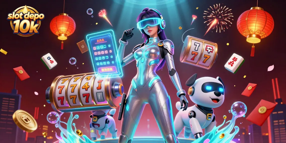Experience the thrill of slot depo 10k with vibrant 3D illustration showcasing futuristic characters amidst dynamic casino elements.