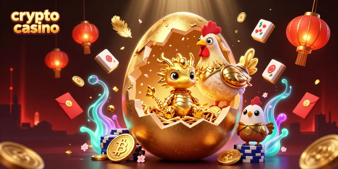 Giocare nel crypto casino mentre un drago dorato emerge da un uovo, circondato da elementi di gioco e monete.
