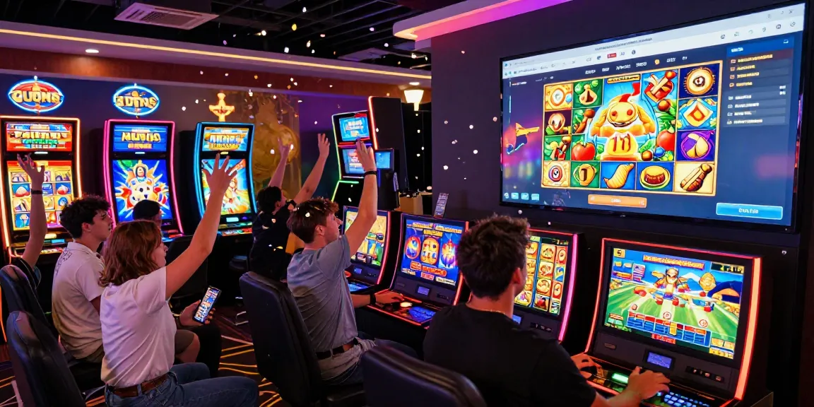 Exciting online slot gaming scene with players celebrating big wins and colorful slot machines