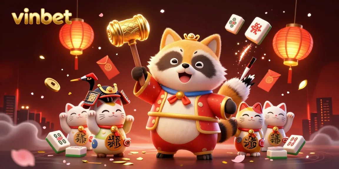 Celebrate winning moments at vinbet with lucky tanuki and fortune cats in a vibrant casino setting.