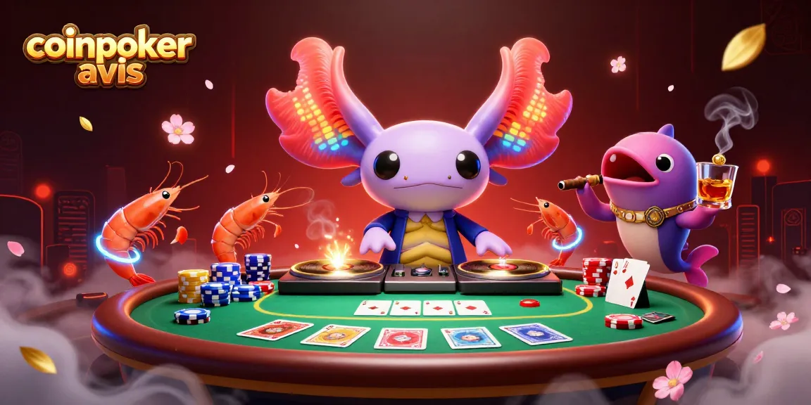 CoinPoker : plongez dans une illustration dynamique du casino avec un DJ axolotl et des éléments de poker éclatants.