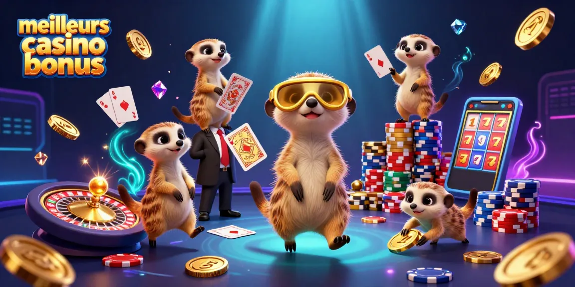 Le meilleur bonus de casino, illustré avec des suricates en opération de jeu, jetons et pièces d'or volantes.