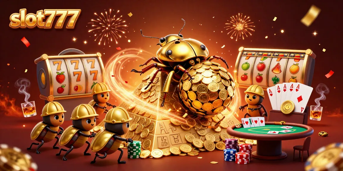 Experience thrilling wins with slot777's vibrant 3D casino scene filled with classic symbols and poker action.