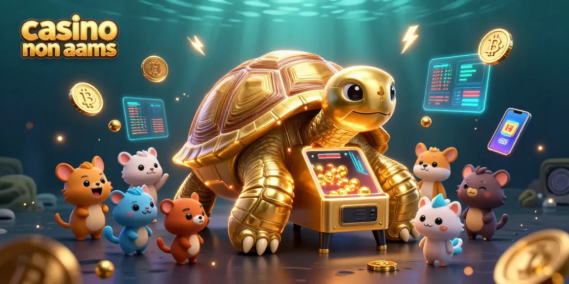 Gioca nei casino non AAMS con una tartaruga che è anche una slot machine, circondata da monete criptovalute.