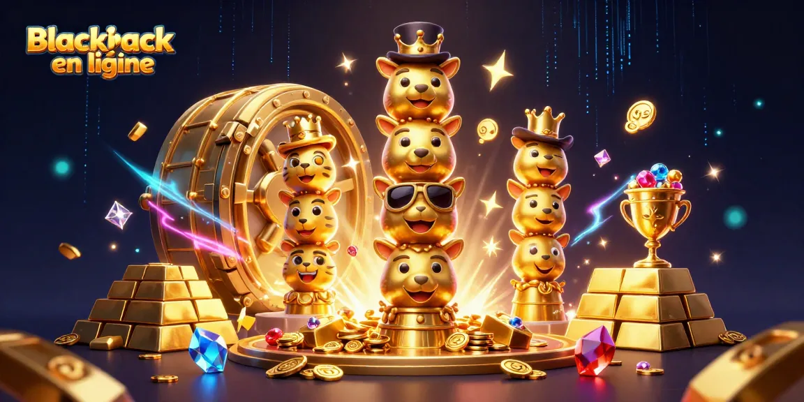 Jouez à blackjack en ligne avec des éléments de casino colorés et dynamiques entourés de richesses.