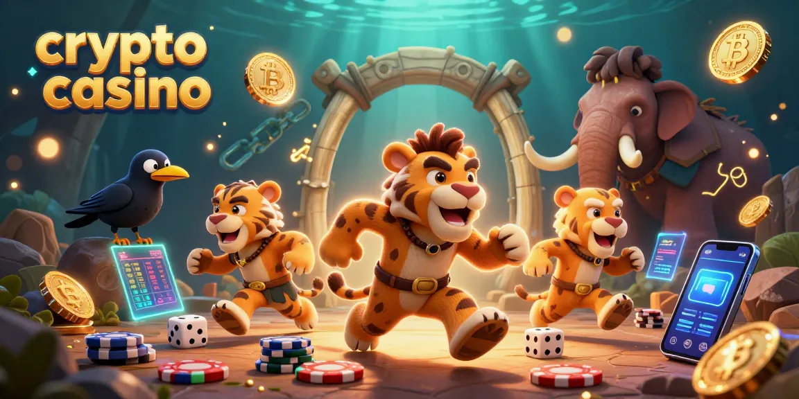 Gioca nel crypto casino con fiches di pietra e dadi di ossa, circondato da monete Bitcoin ed Ethereum.