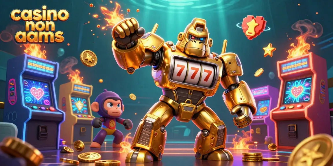 Giocando al casinò non AAMS, il gorilla meccanico d'oro lancia monete esplosive mentre i giochi arcade luccicano intorno.