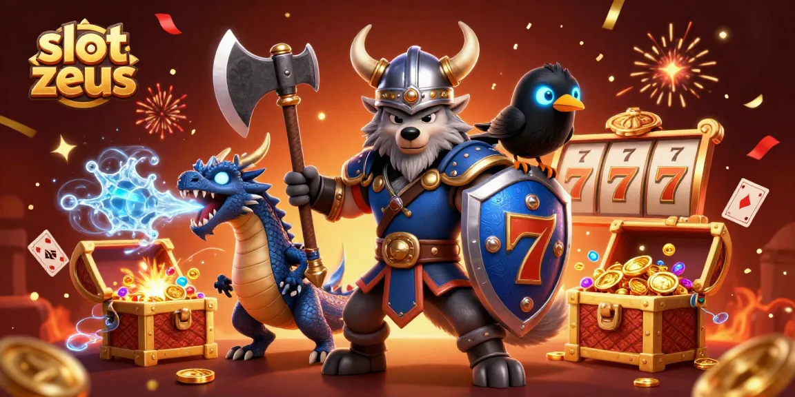 Spin big with slot zeus as Viking warrior and dragon claim treasures in this vibrant casino illustration.