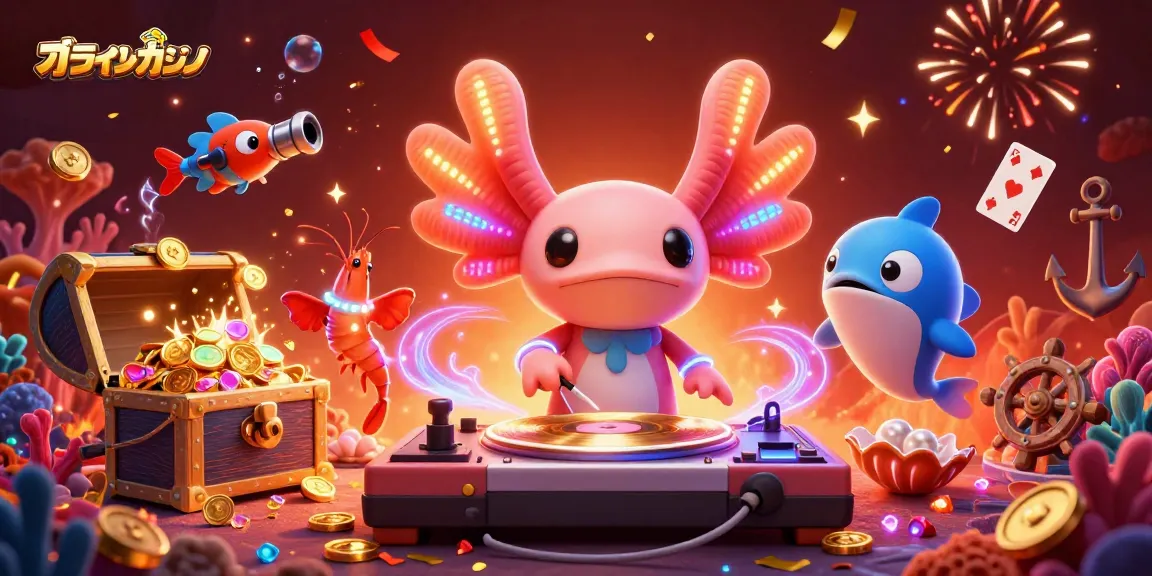 オンラインカジノの楽しい光景を表現したイラスト。DJが音楽を盛り上げ、舞い上がるコインの中で楽しむプレイヤーたち。
