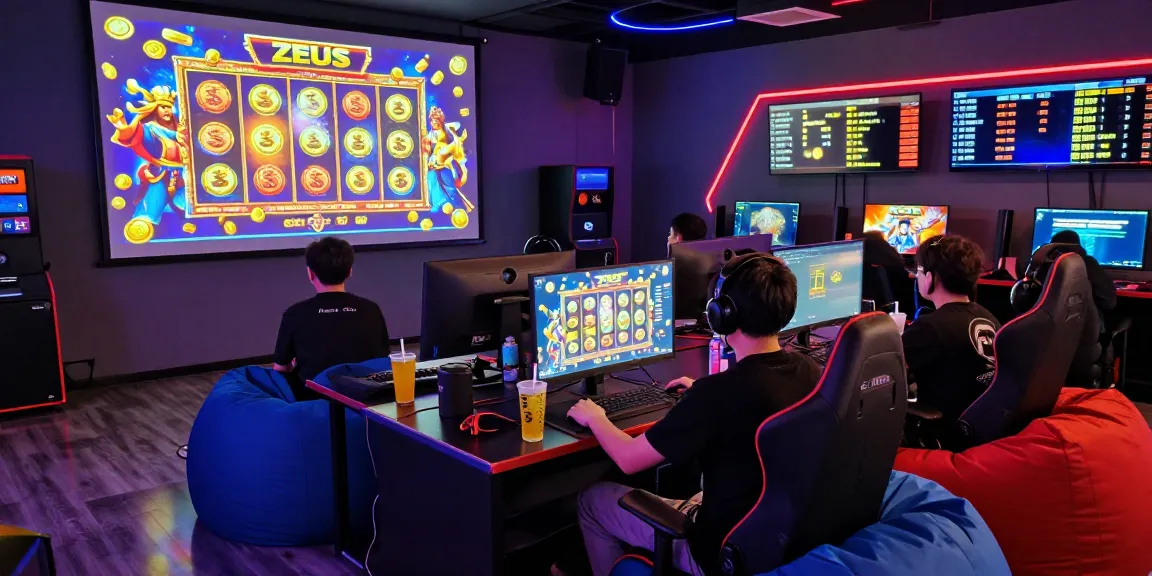 Demo Zeus Slot gaming scene with enthusiastic players surrounded by vibrant lights and exciting graphics.
