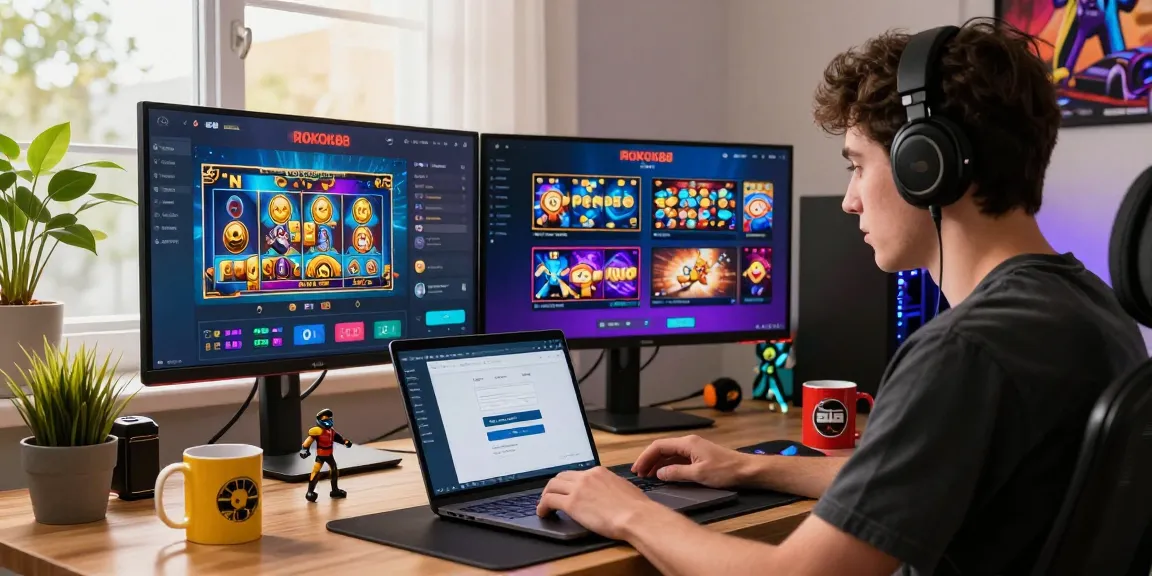 Engaged user accessing rokok88 slot login on vibrant digital platform in a modern workspace.
