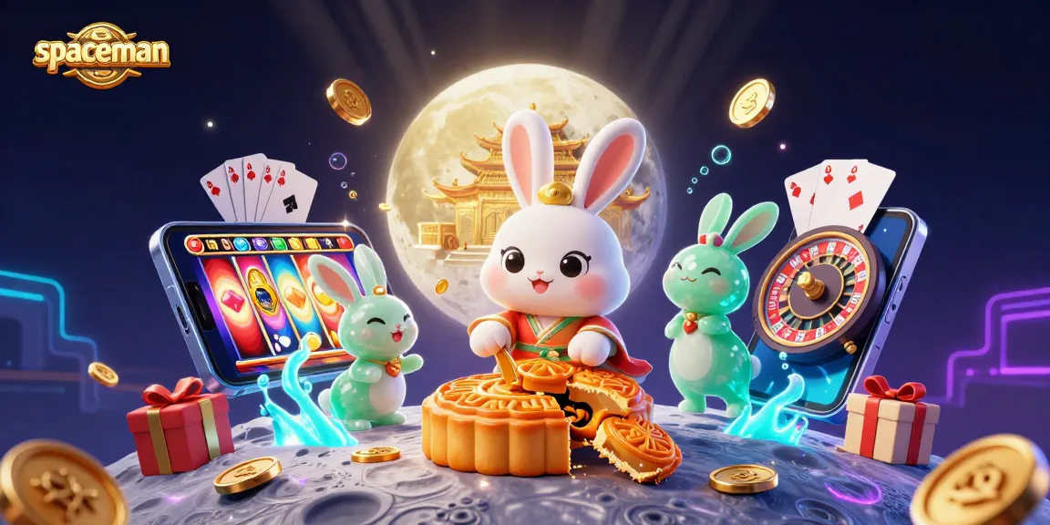 Spin the reels with the spaceman as golden mooncakes burst with poker chips in this vibrant casino scene.