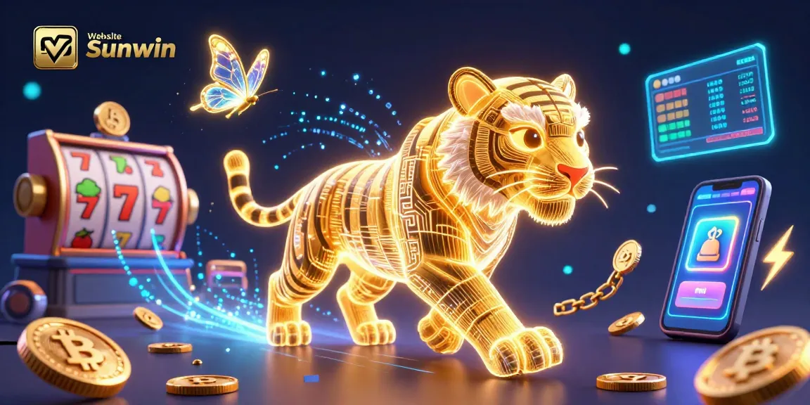 Engage with Website Sunwin's vibrant digital casino aesthetics featuring dynamic slot elements and illuminated cryptocurrencies.