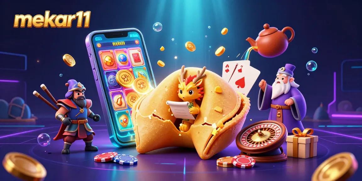 Experience the excitement of mekar11 casino games with a giant golden fortune cookie and slot reels!