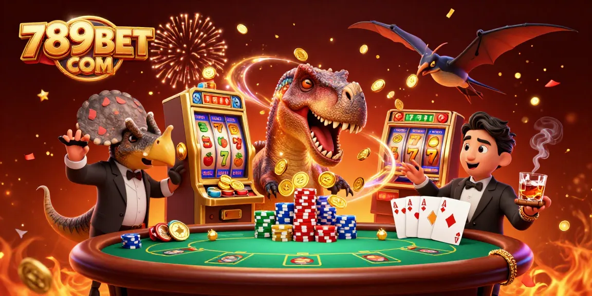 Experience jackpots at 789BET COM with a vibrant scene of cartoon dinosaurs in a casino