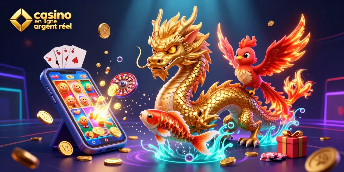 Jouer sur un casino en ligne argent réel avec un dragon doré, un phénix et des pièces d'or.