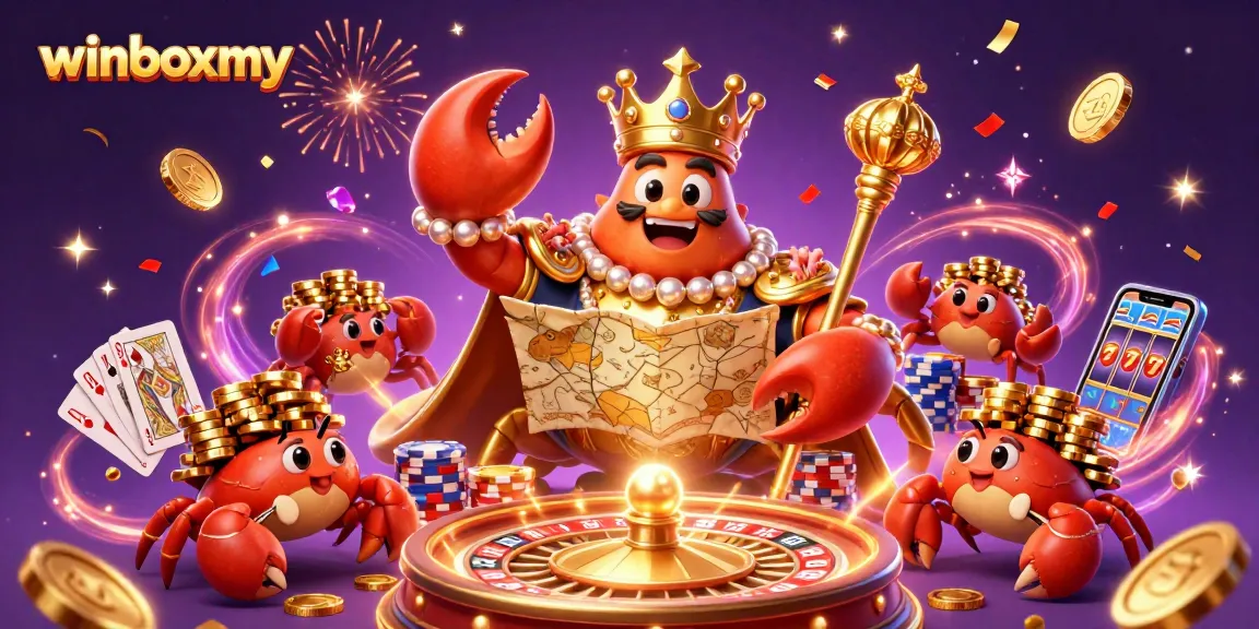 WinboxMY captivates players with a dynamic scene of a golden crab emperor amidst casino elements, showcasing stunning gameplay.