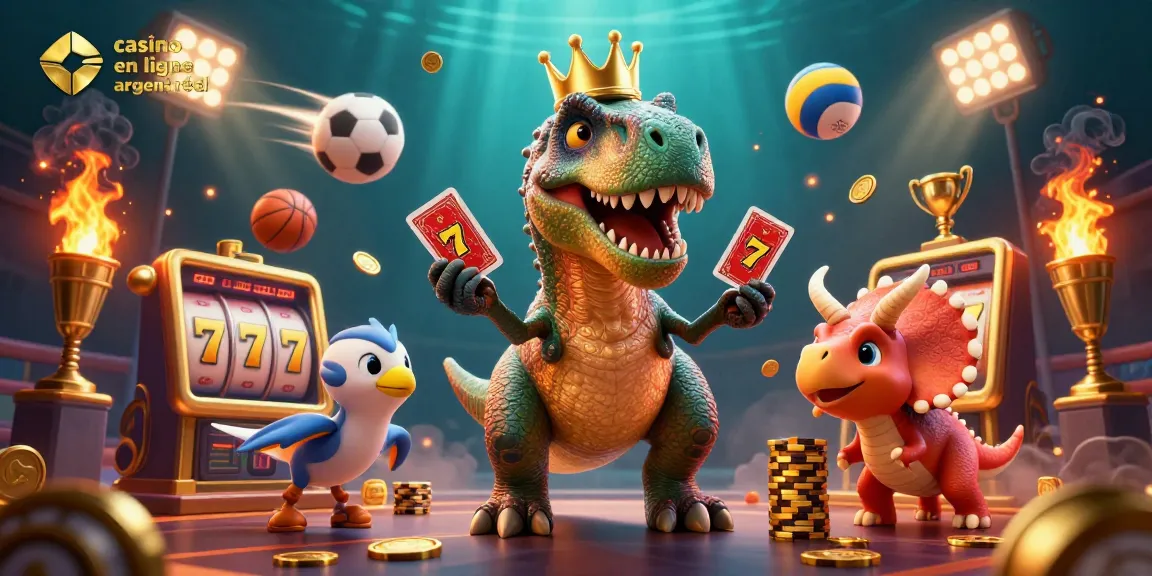 Illustration d'un T-Rex en couronne jouant aux cartes avec un assistant, le tout dans l'univers du casino en ligne argent réel.
