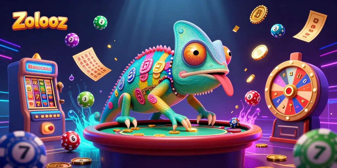 Zolooz engages players with vibrant, dynamic casino elements and a colorful chameleon mascot.