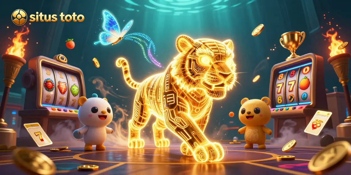 Experience the excitement of situs toto with a vibrant 3D casino scene featuring a neon tiger, slot reels, and golden trophies.