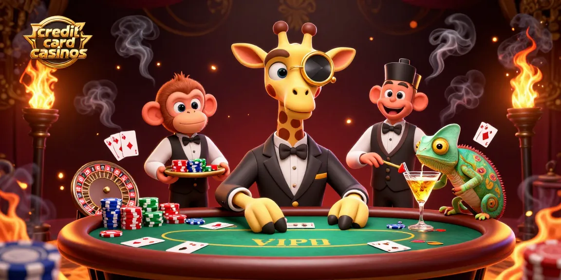 Experience credit card casinos with a vibrant 3D scene of a giraffe at a poker table and casino elements.